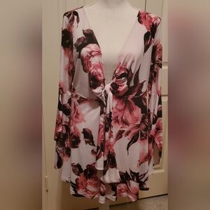 Venus Babydoll Pink Floral Fairy V-Neck Bell Flared Cuffs Boho Top Y2K Sz XLarge